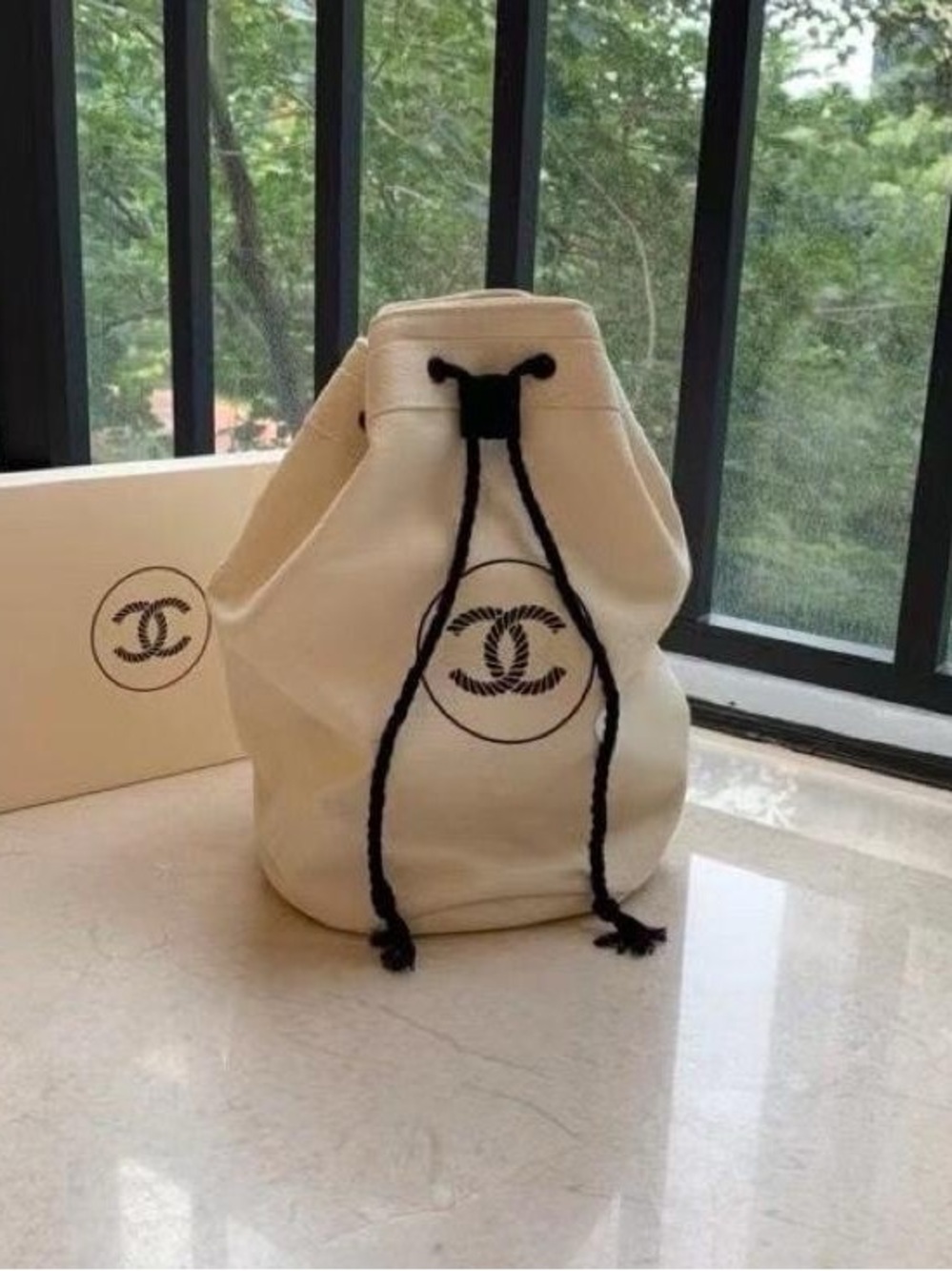 Chanel Cream Canvas Drawstring Bucket Bag
